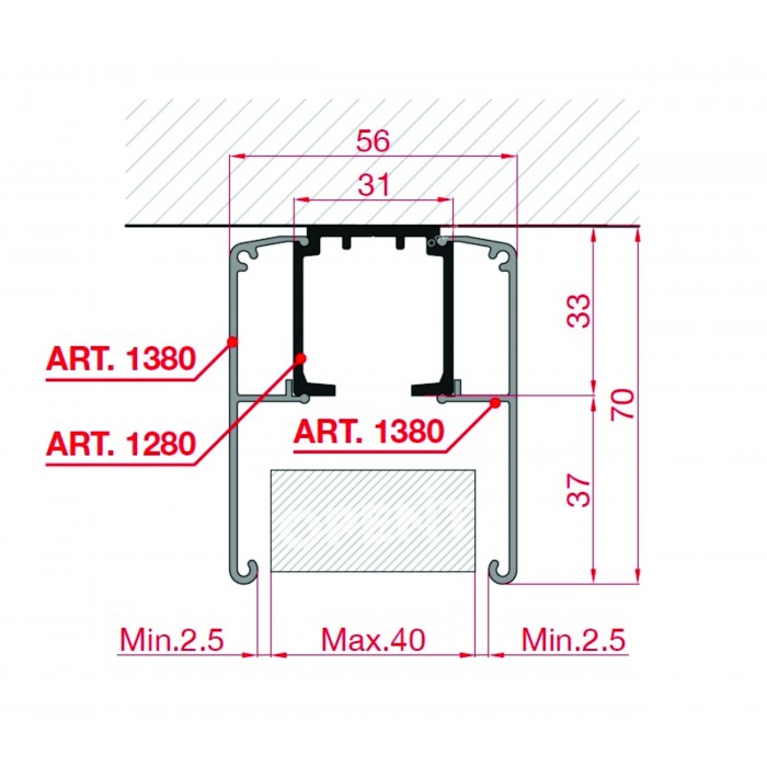 Направляющая из анодированного алюминия для раздвижных дверей (1280/A)