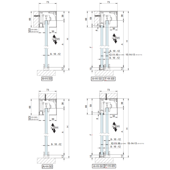 Sliding glass door system SAHECO BLOQ SV-Q110 up to 110 kg