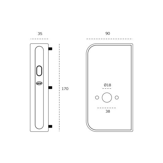 Sliding door lock with plate JNF SM.036 + SM.038 — stainless steel